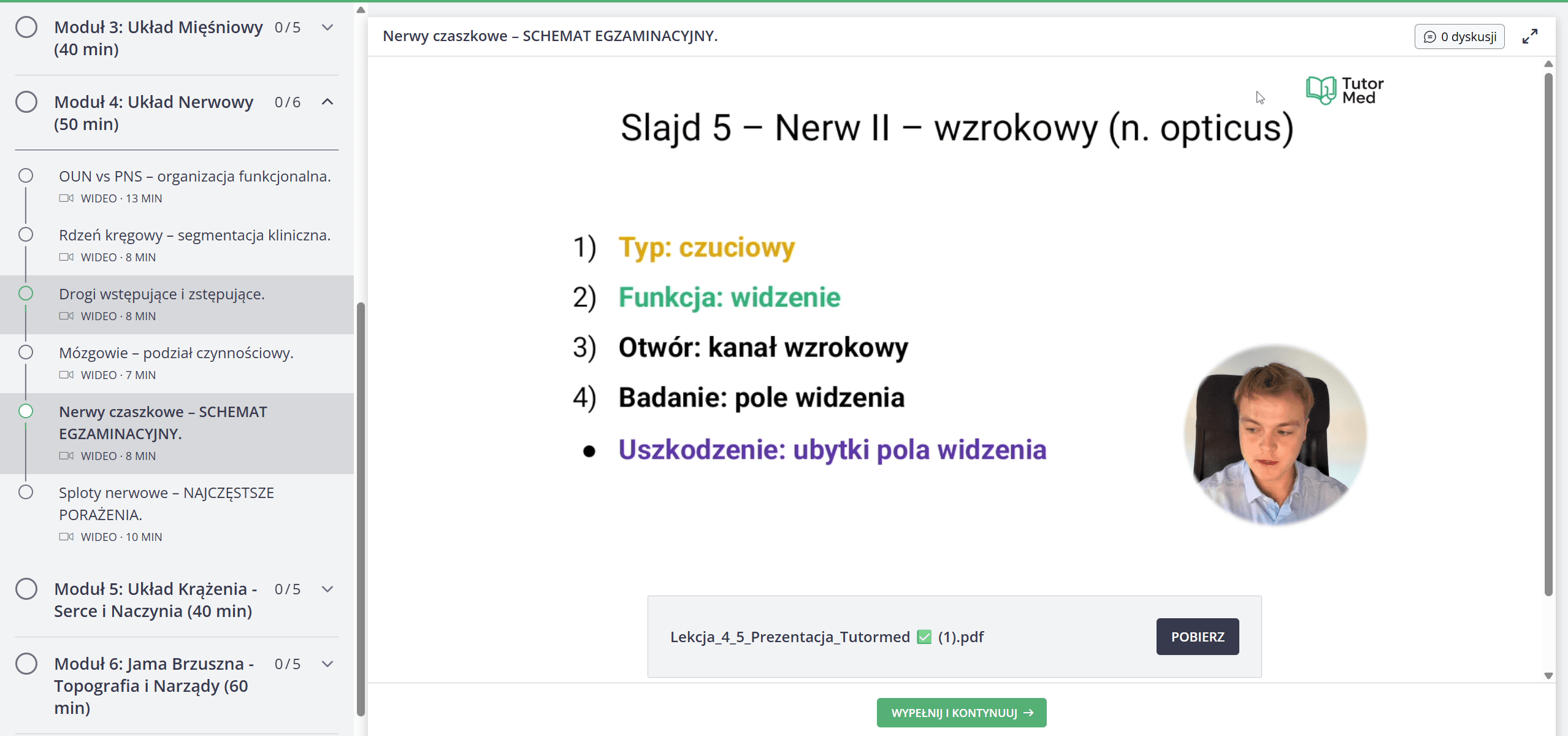 Widok lekcji na platformie kursu histologii MedCore Academy