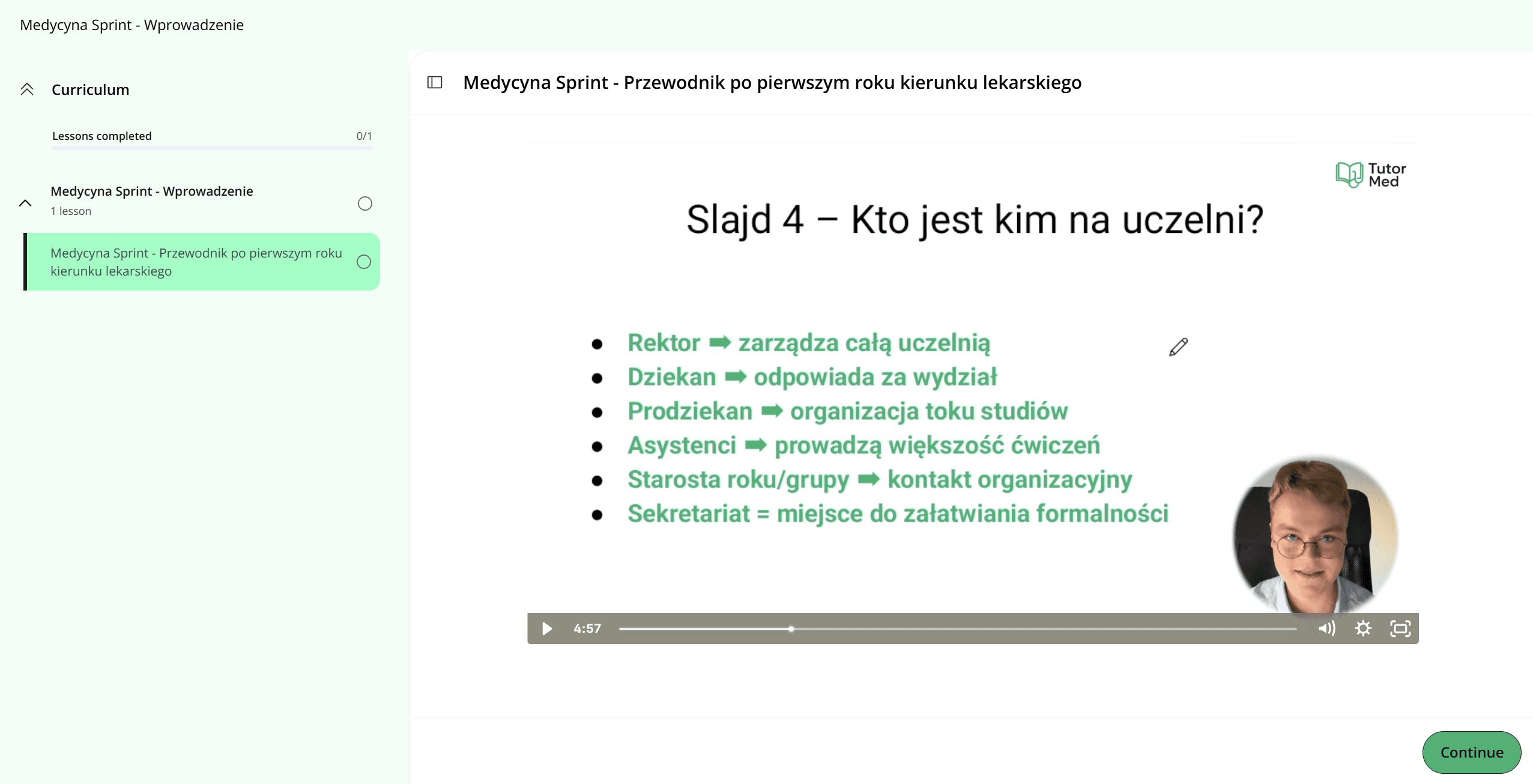 Widok platformy kursu Medycyna Start MedCore Academy
